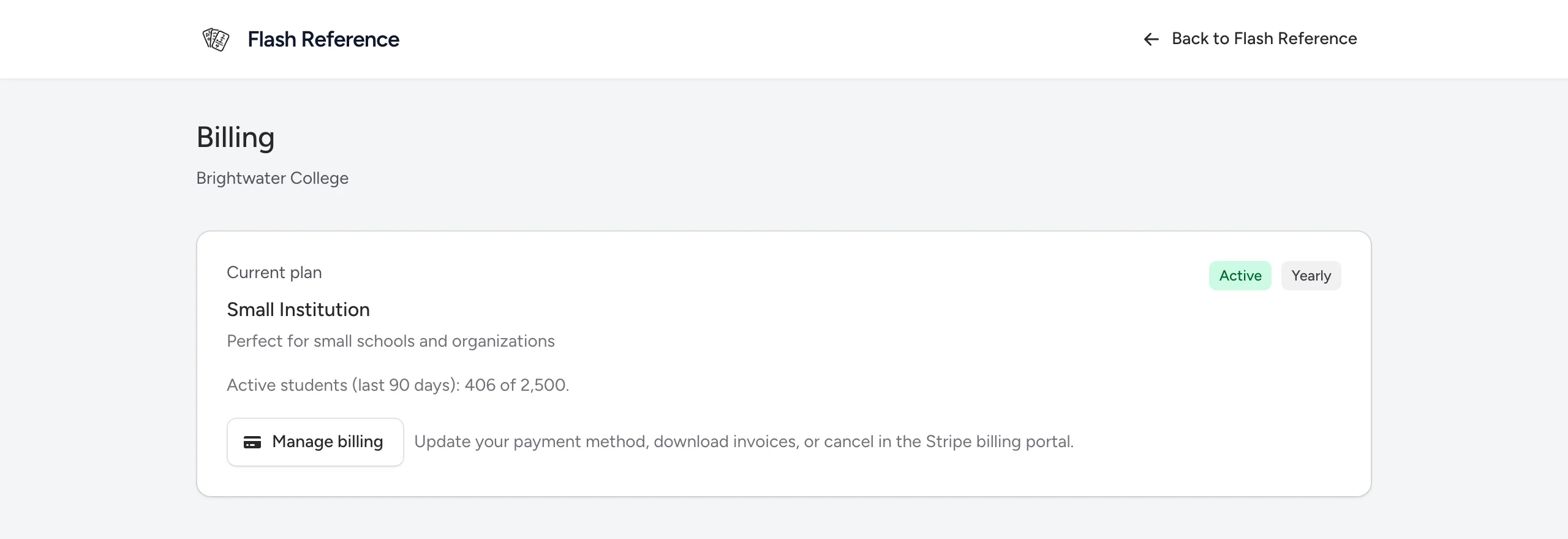 The billing page, showing 406 of 2,500 active students in the last 90 days