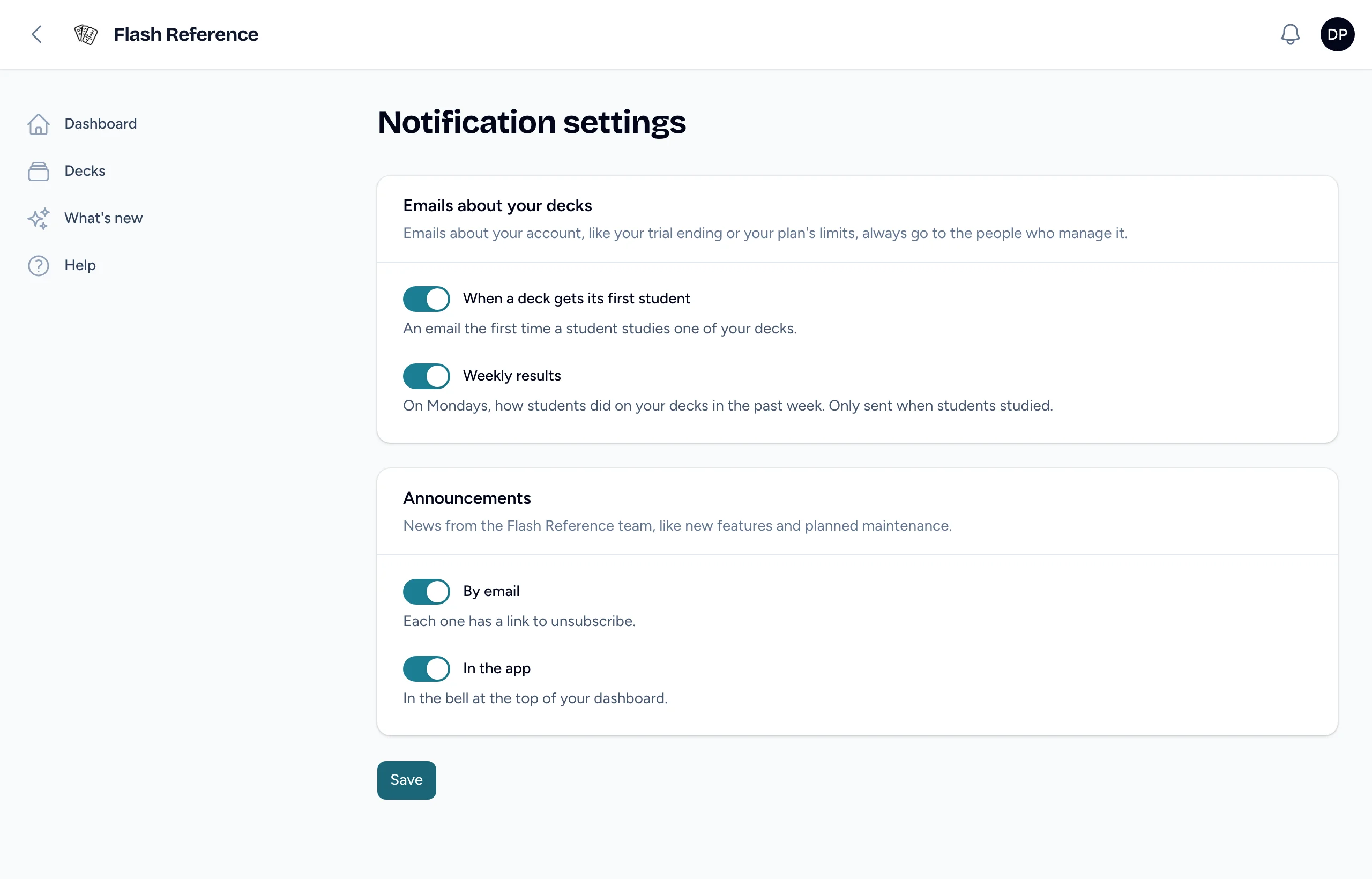 Notification settings, with switches for each kind of email and for getting announcements by email or in the app