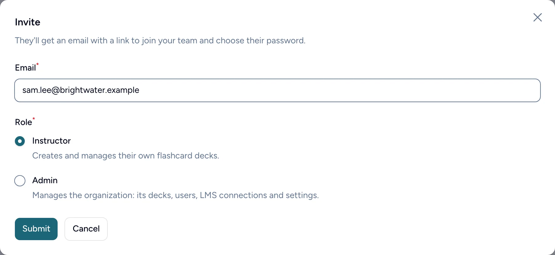 The Invite form, with an email address and a choice of Instructor or Admin