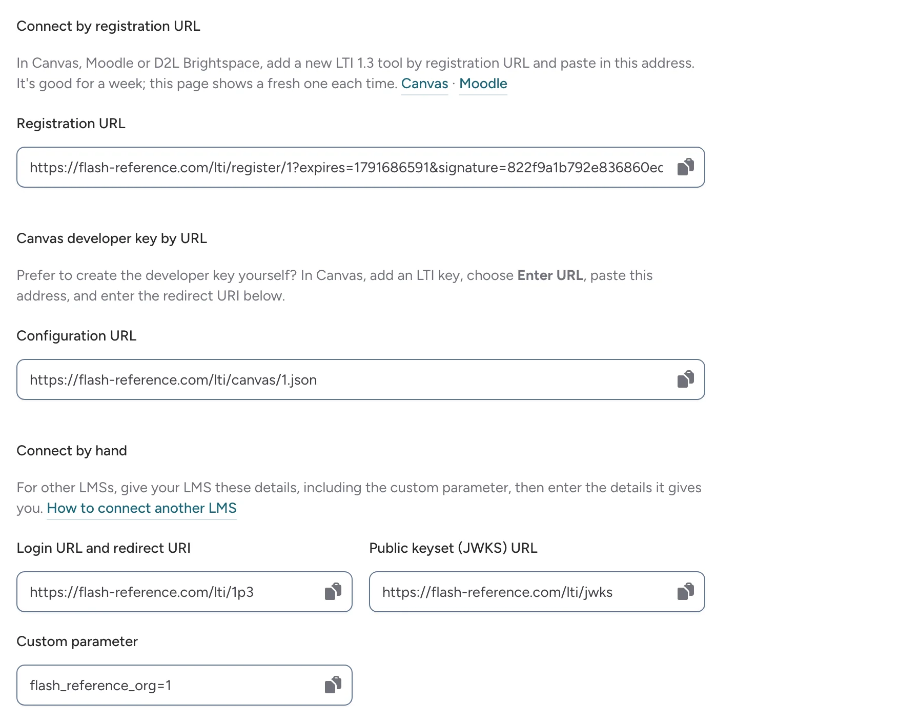 The LTI 1.3 tab of Settings, with the registration URL, the Canvas configuration URL and the details for connecting by hand