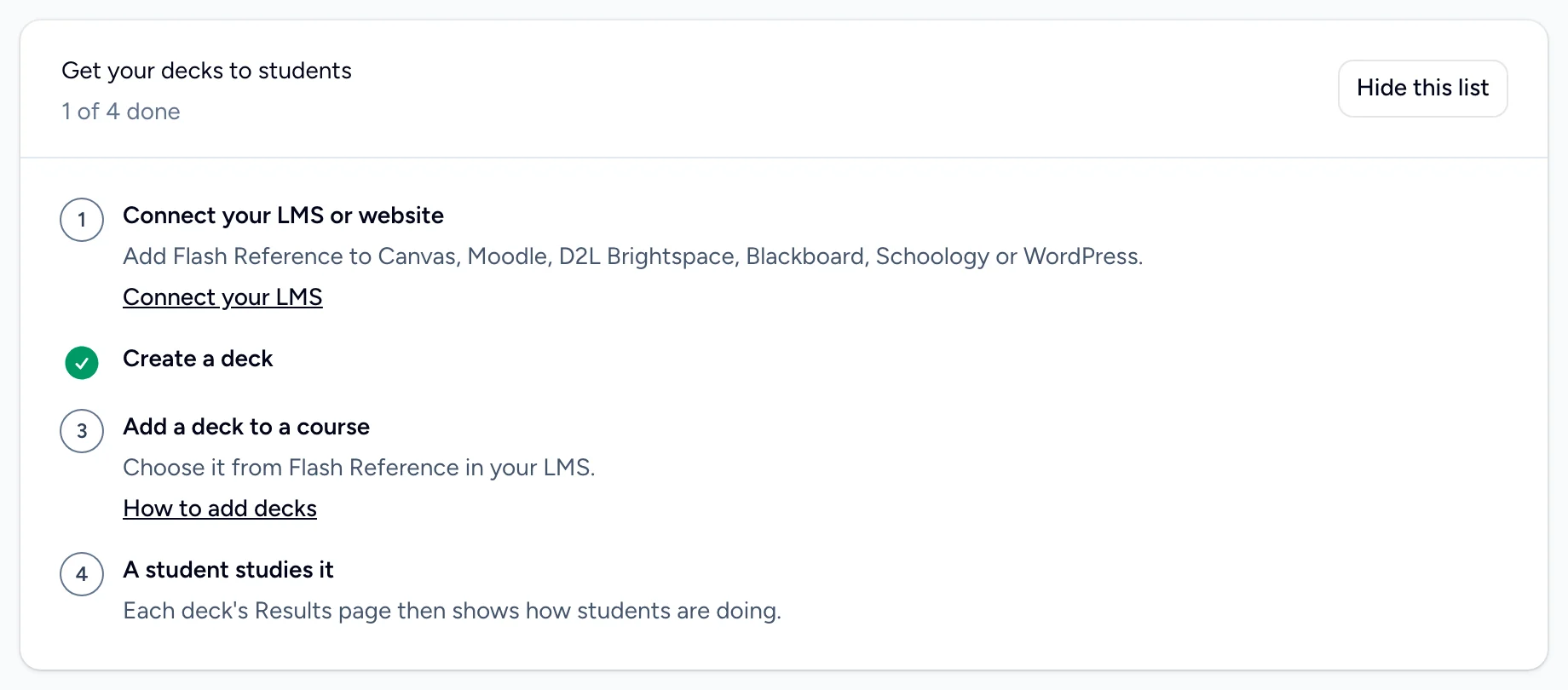The Get your decks to students checklist, with one of four steps done