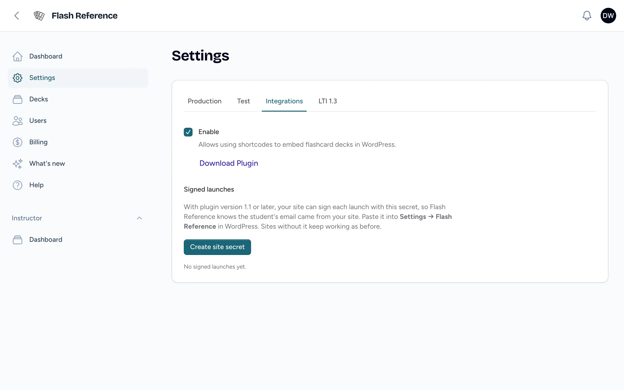 The Integrations tab of Settings