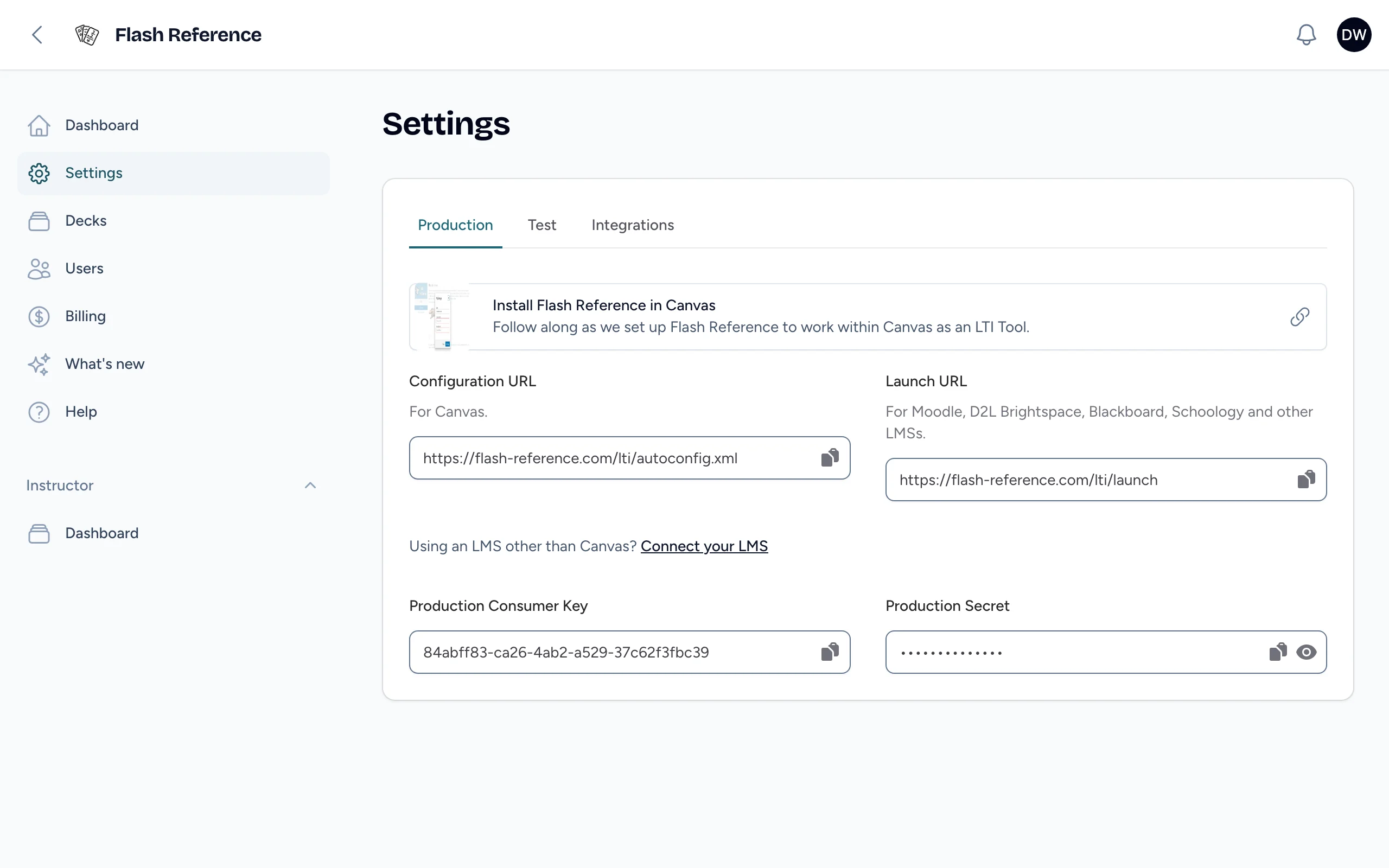 The Production tab of Settings