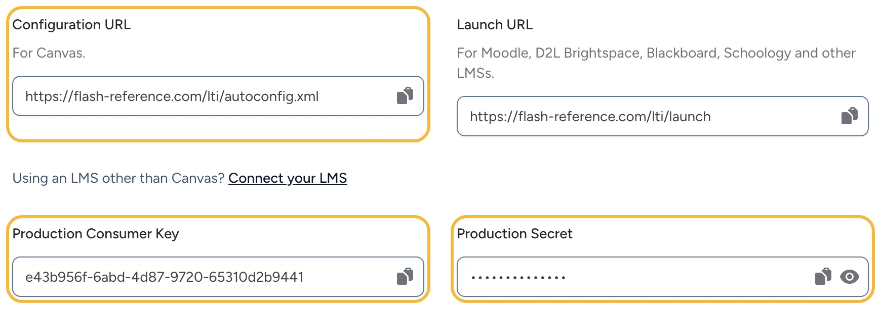 The Configuration URL, consumer key and secret in Settings