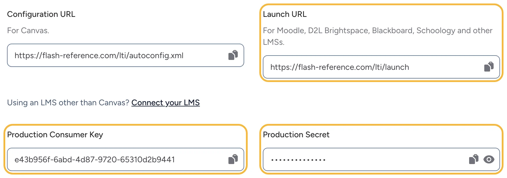 The Launch URL, consumer key and secret in Settings