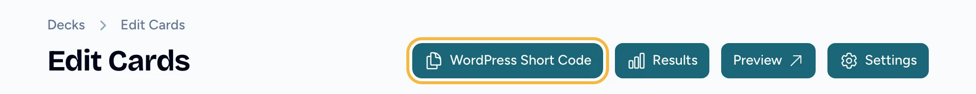 The WordPress Short Code button at the top of the card editor