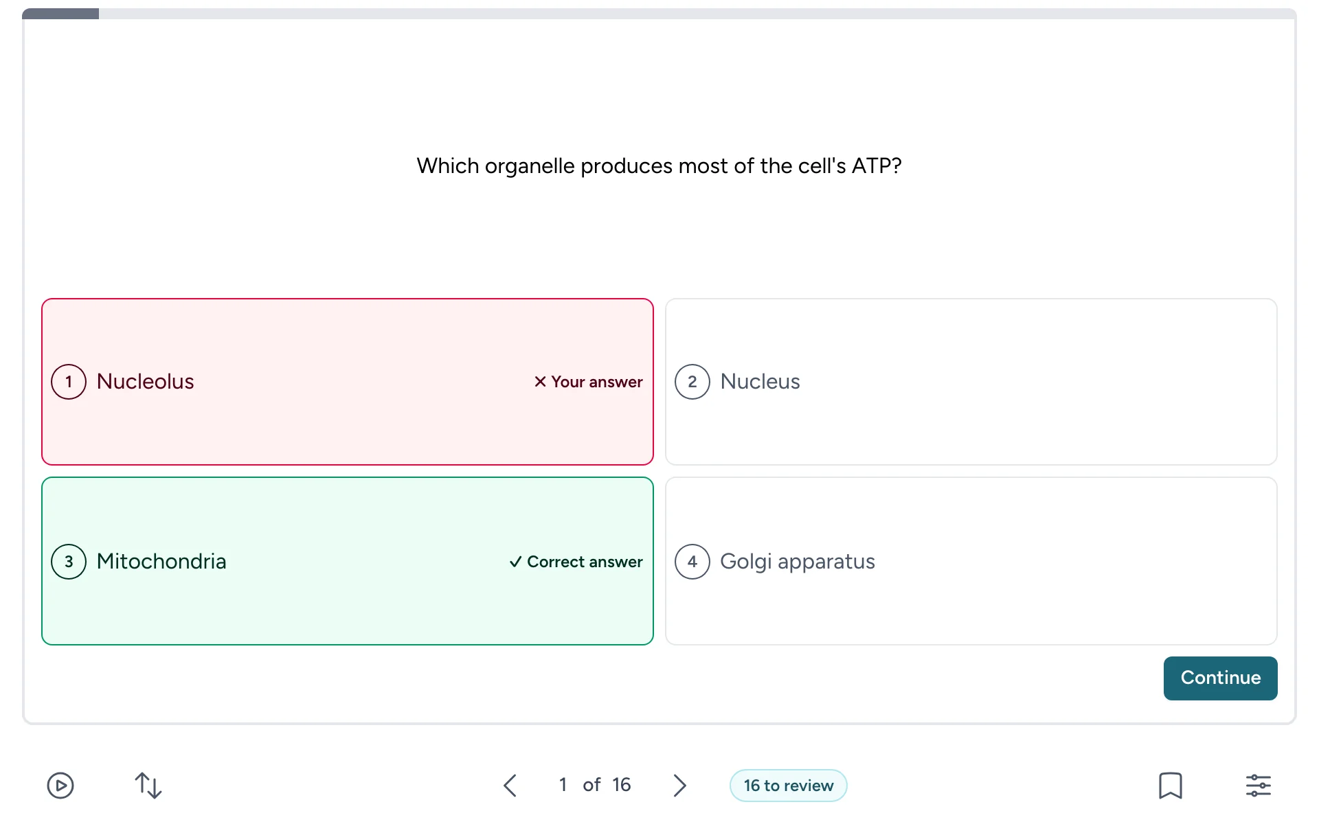 An answered question, showing the right answer and the one picked