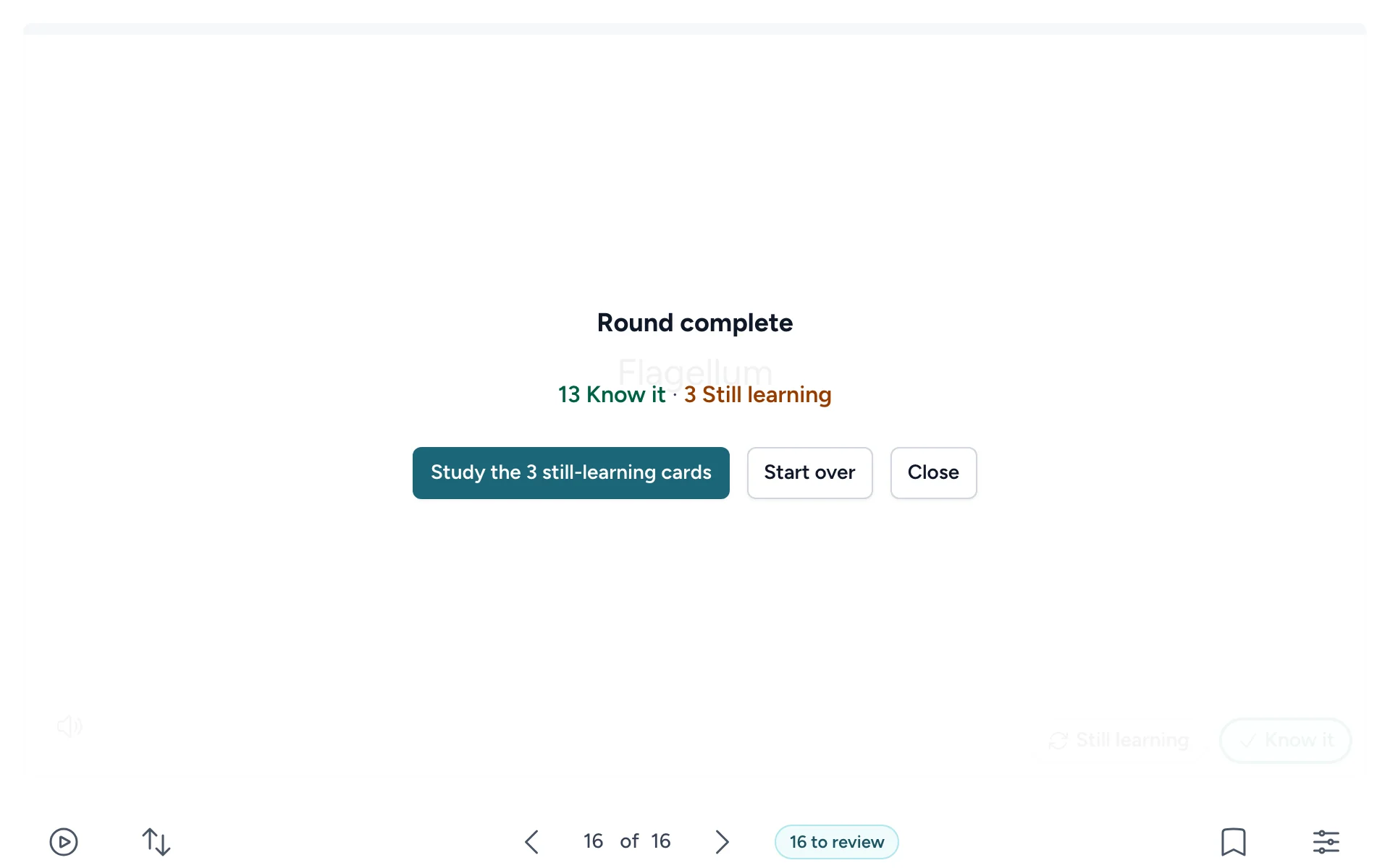 Round complete, with counts of Know it and Still learning