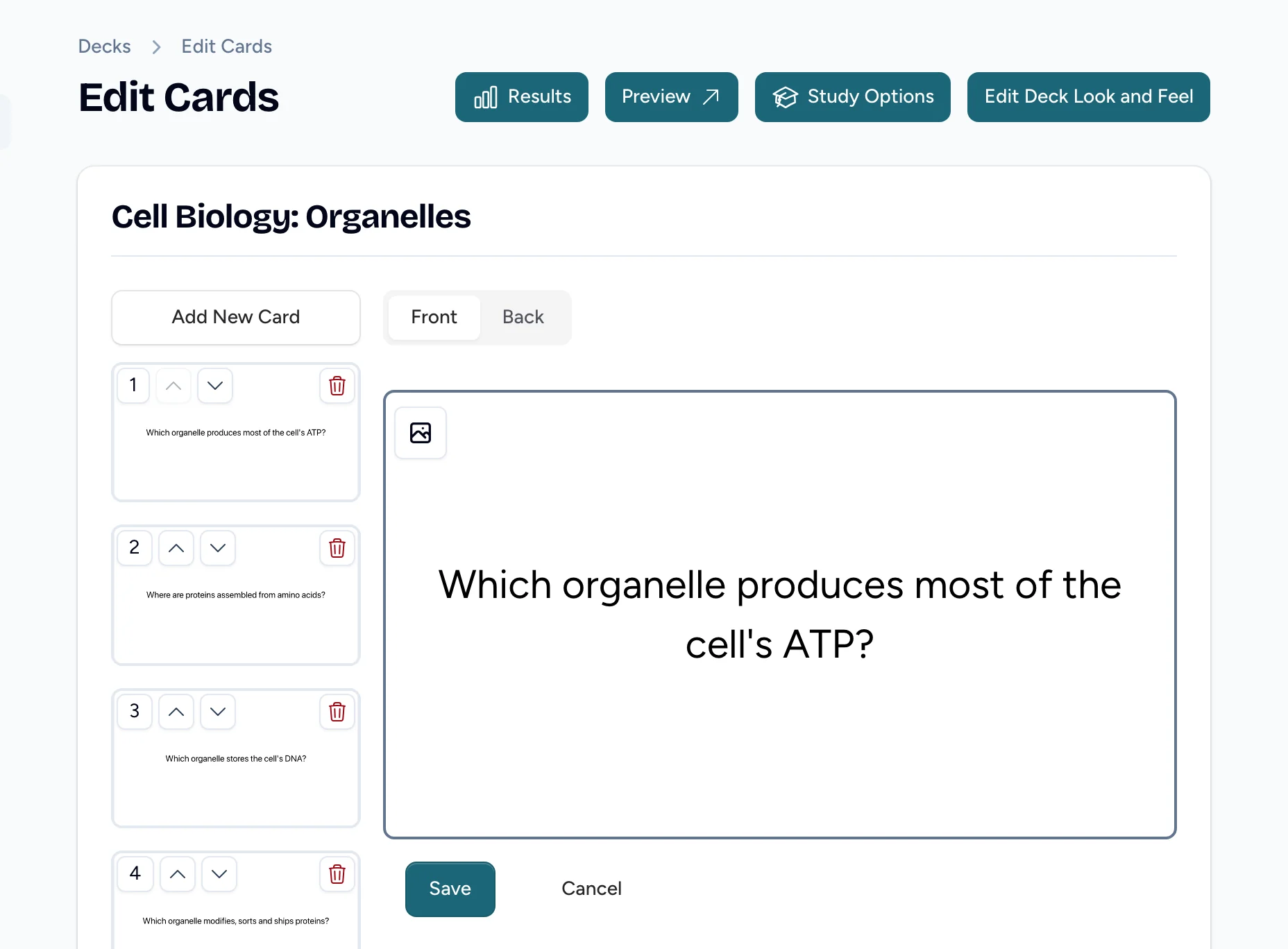 The card editor: numbered cards on the left, and the selected card's front, “Which organelle produces most of the cell's ATP?”, open for editing, with Results, Preview and Settings buttons.