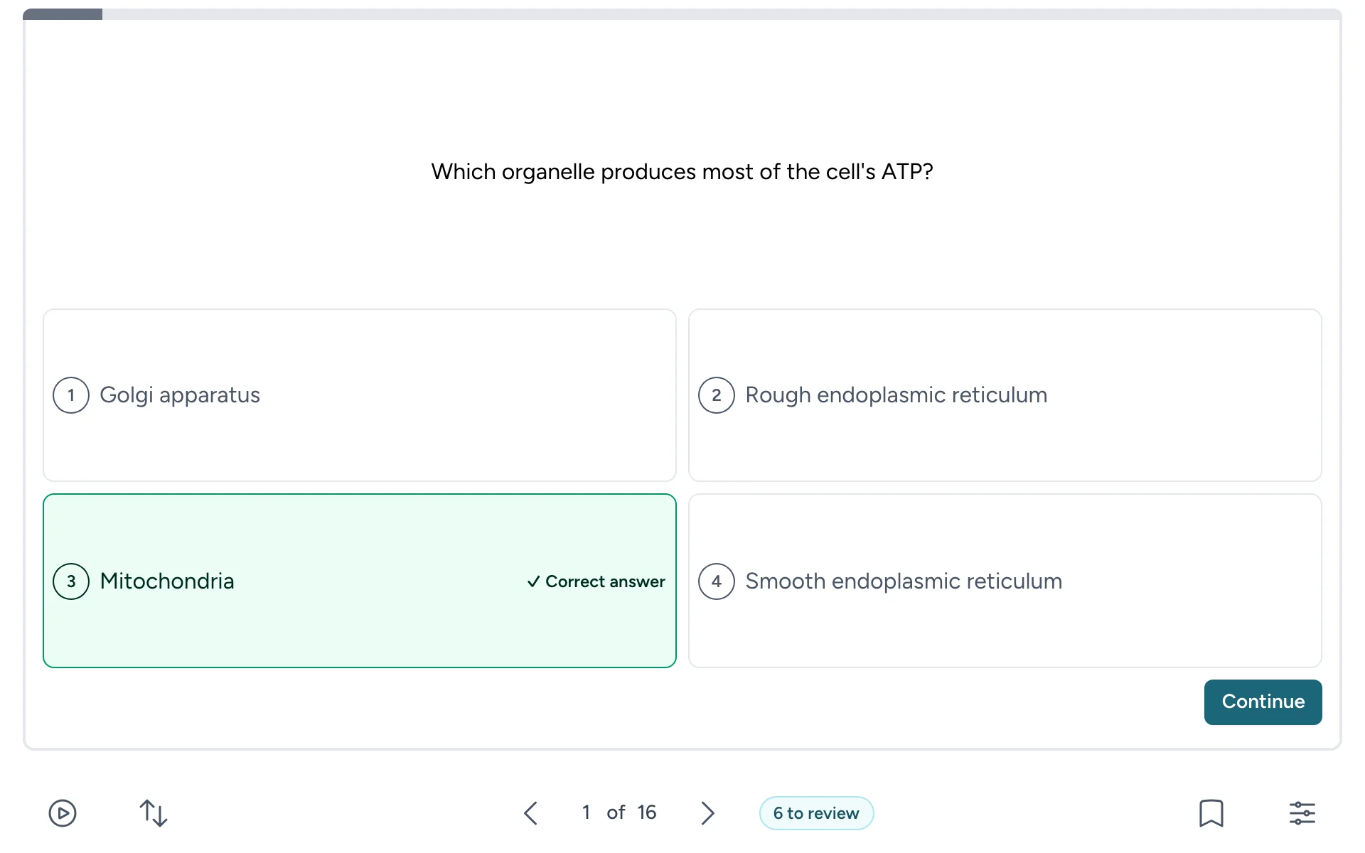 A multiple-choice question with four answers. “Mitochondria” is marked as the correct answer, with a Continue button.