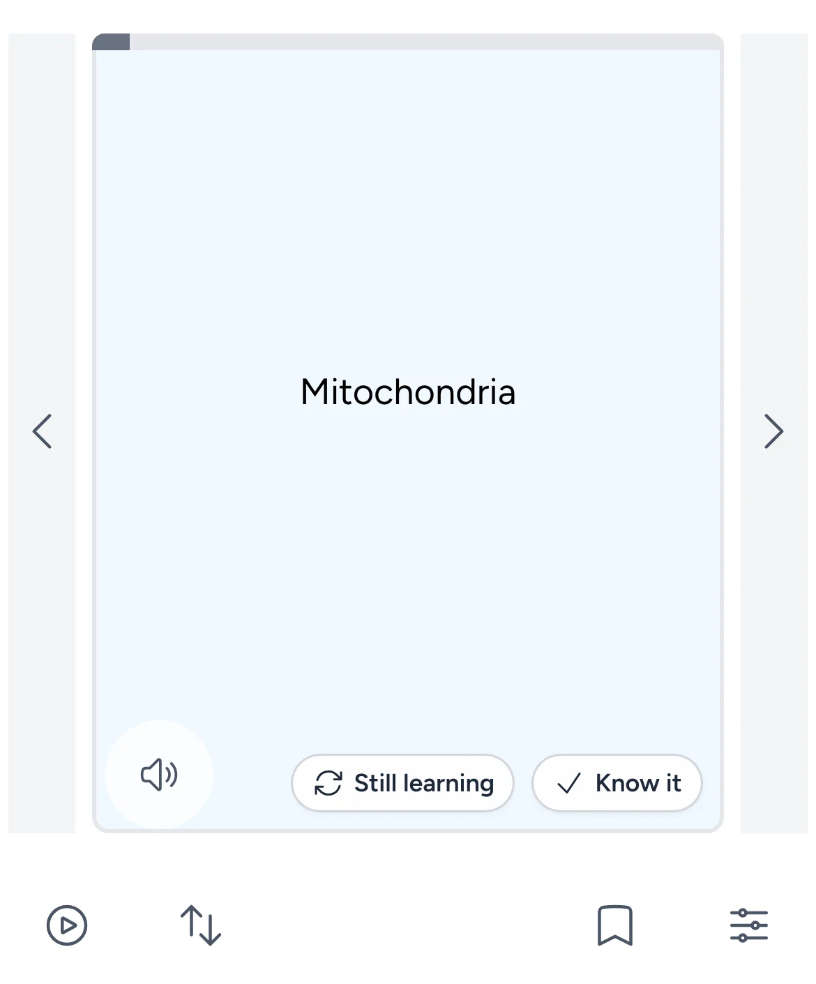The same card on a phone, flipped to the answer “Mitochondria”, with Still learning and Know it buttons.