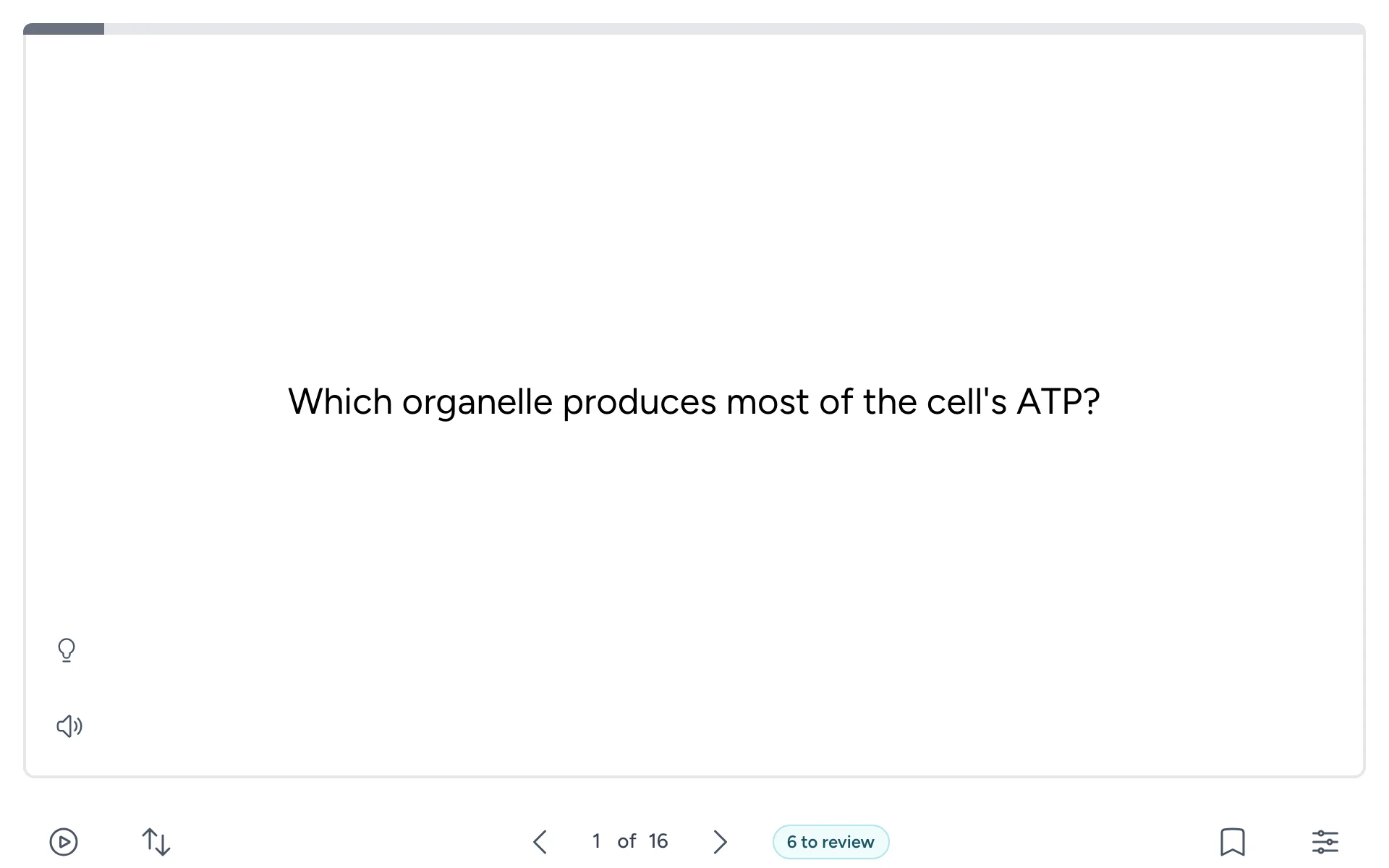 The Flash Reference card viewer inside a course, showing the question “Which organelle produces most of the cell’s ATP?”, with buttons for the previous and next card and a count of cards due for review.